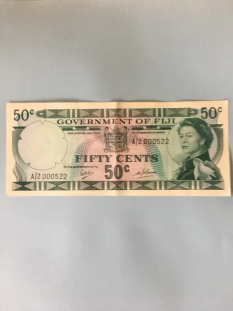 1969  Government of FIJI 50c  PAPER Bank Note .GREAT SERIAL NO.A/2 000522