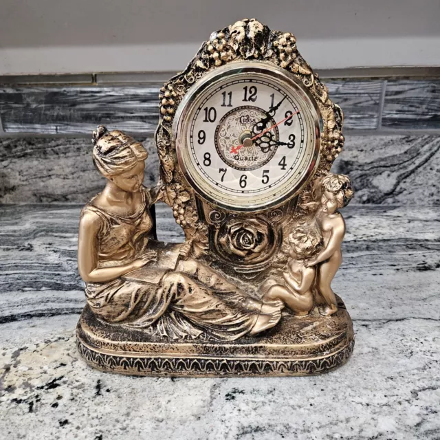 Vintage Gold Ornate  Figural Women & Child Mantle Desk Clock Resign 10" X9" X3"