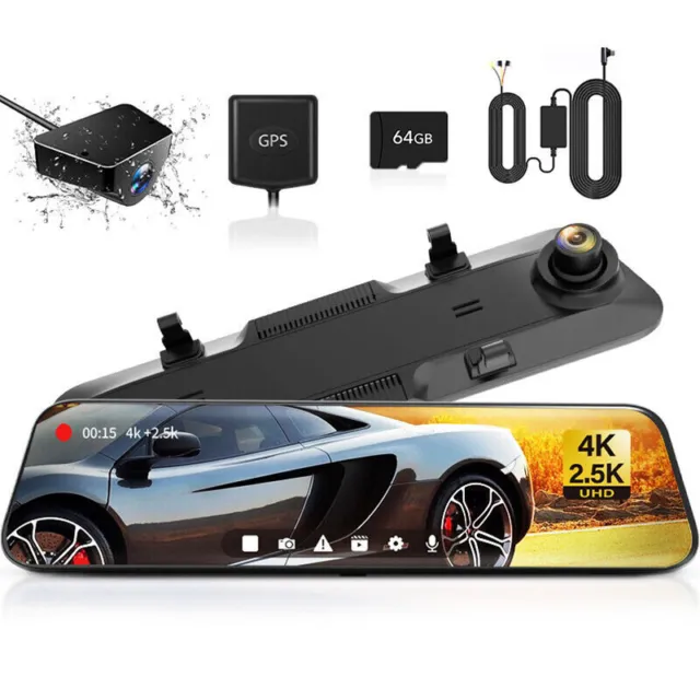 WOLFBOX Dash Cam 4K+2.5K Front and Rear Mirror Car Camera 64GB GPS Hardwire Kit