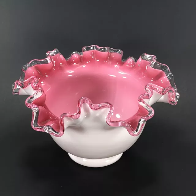 Fenton Bowl Candy Dish White Milk Glass Pink Cased Glass Silver Crest Ruffled