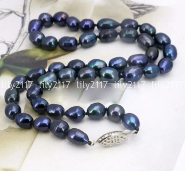 Pretty Natural 9-10mm Black Freshwater Real Pearl Rice Beads Necklace 18-36''