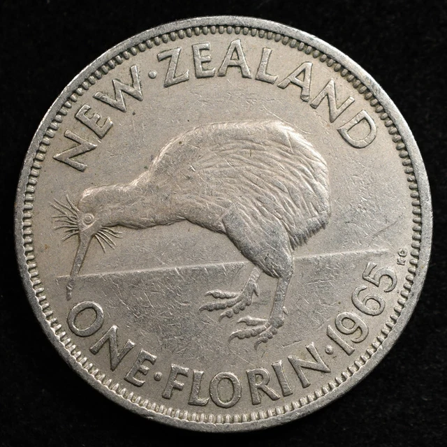 New Zealand 1 Florin 1965, Coin, Km# 28.2, Elizabeth Ii, Kiwi Bird, Inv#E179