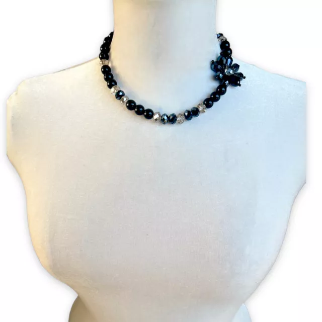 Vintage Black Clear AB Glass Flower Necklace - Mid Century Retro Style