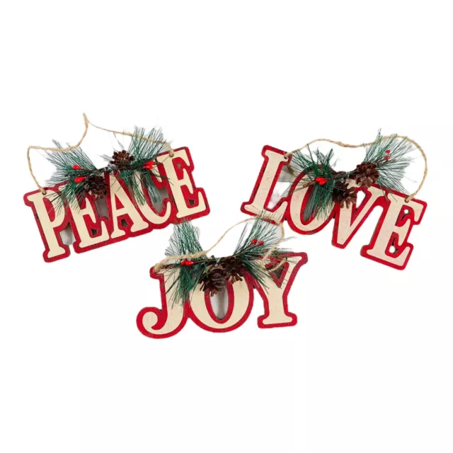 Farmhouse Christmas Ornaments Set of 3 Wood Red Peace Love Joy Nature Pinecones