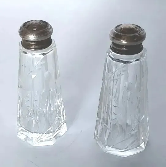 Vintage Cut Crystal Glass Salt & Pepper Shakers Daisy Beveled Edge Sterling Top
