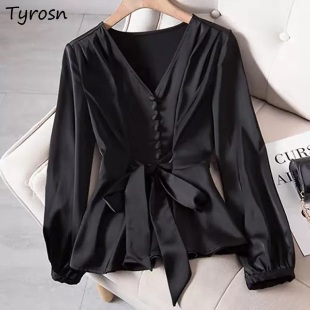 Elegante Busa De Color Negro Liso Para Mujer Camisa Con Lazo Y Botones Cuello V