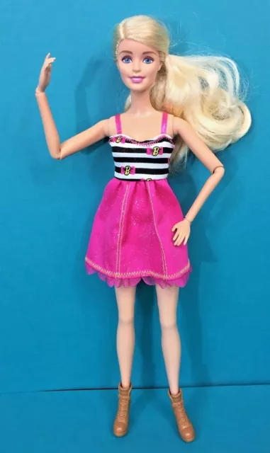 BARBIE ARTICULATED ARMS Blonde Dressed Doll Black White Stripes Pink ...