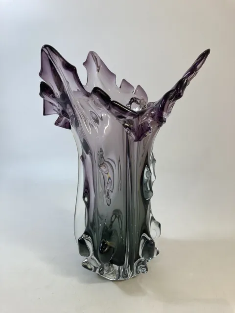 Vintage 1960s Murano Freeform Knobbly Splash Large Vase Purple Clear 33cm