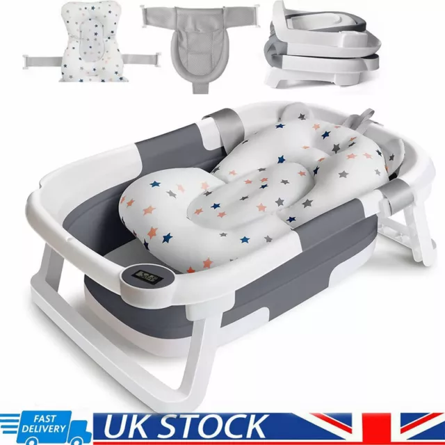 Foldable Baby Bath Tub Ergonomic with Temperature & Cushion Bath Pad + Bath Net