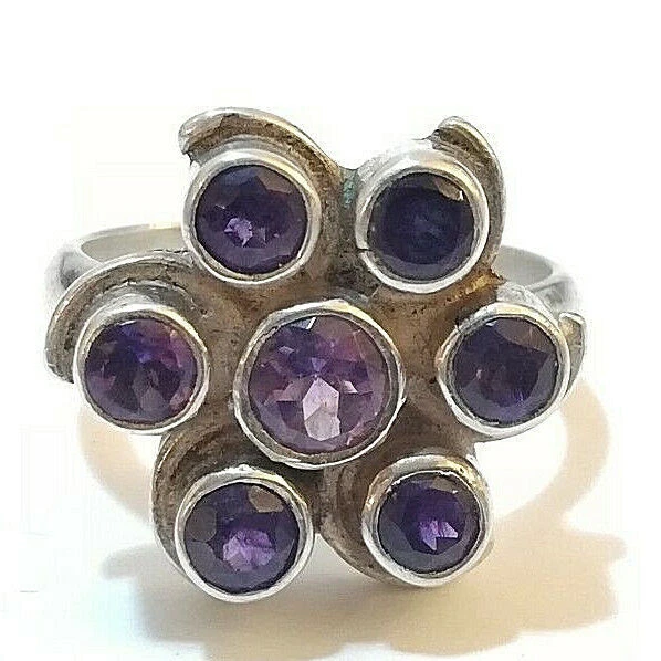 BELLISSIMO ANELLO FIORE IN ARGENTO 925 CON PIETRE DI AMETISTA MISURA: 18,8 mm
