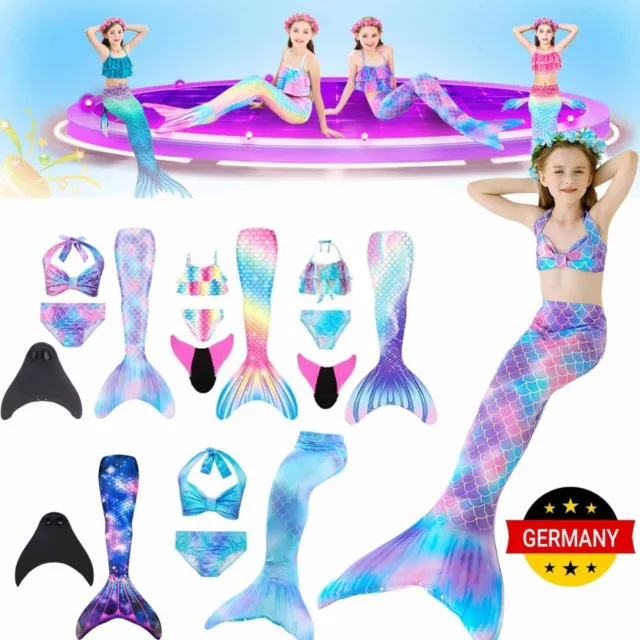 Mädchen Meerjungfrauenschwanz mit Bikini Mermaid Tail Flosse Schwimmen Kostüm DE