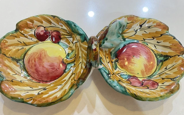 Vintage Italian Majolica Floral Hand Painted Double Serving Bowls Signed