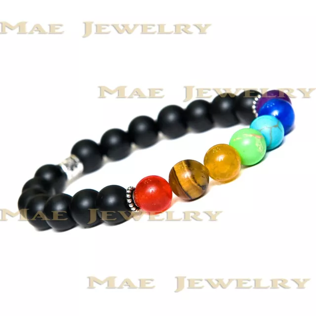 Classic 7 Chakra 8mm Round Stone beads s925 Sterling Silver Bracelet. 