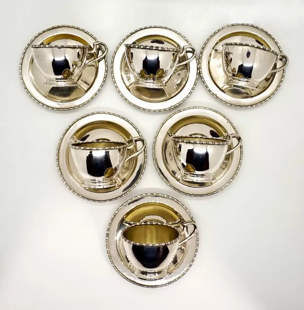 Plata 6 Moca Tazas Viena + Bajo Plato Plata Mocha Copas Vienna Um 1890A