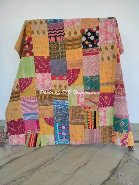 Camino de cama vintage de algodón, colcha individual Kantha de retazos vintage