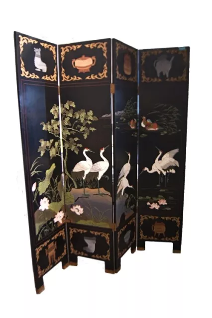 Antico separè paravento cinese del 1800 riccamente dipinto con animali e altro