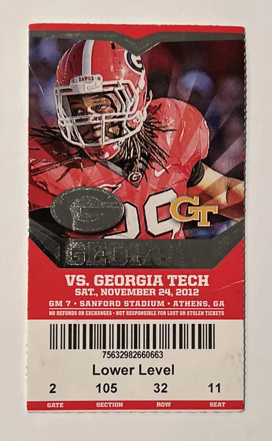 UGA Bulldogs vs. Georgia Tech College Football Ticket Stub - Nov. 24, 2012