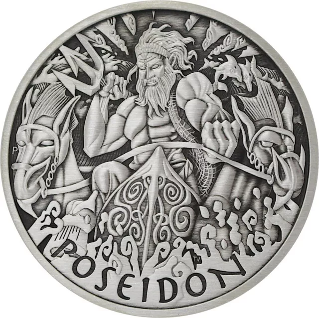 2020 1 Oz Tuvalu Gods Of Olympus - Poseidon Silver Antiqued Coin