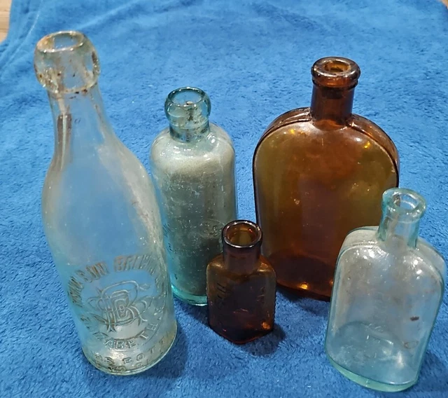 5 Antique Bottles 1800's Poison Wiskey Brewing Extract
