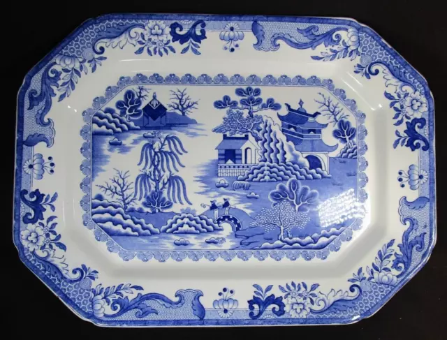 Lovely Large Antique Masons Old Willow Ironstone Platter Meat plate 2 Men Bridge