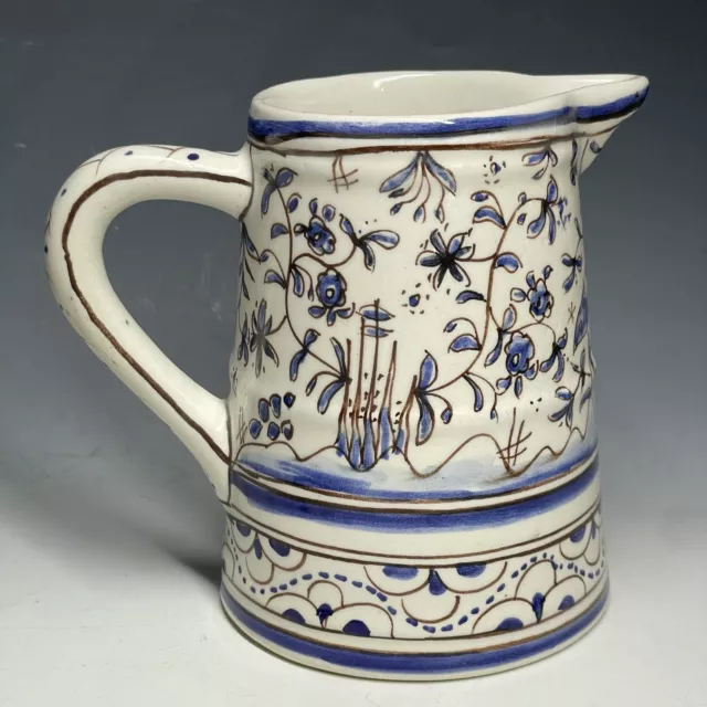 Vintage 20th C. Blue Floral Ceramic Pitcher Creamer Portugal European Pottery