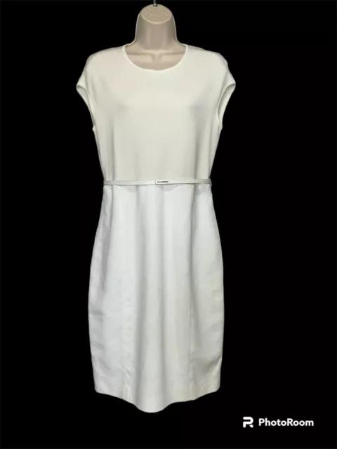 Max Mara Sz 10 Cream Off White Belted Cap Sleeve Sheath Dress Cotton Blend