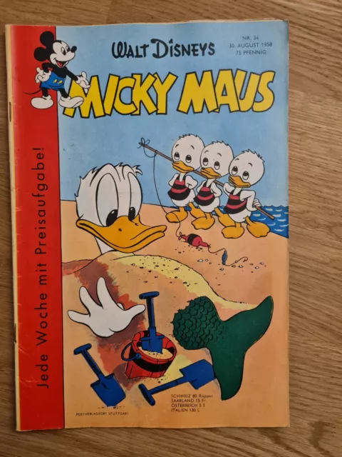 Micky Maus Heft Nr.34 von 1958 (Z1-2) mit Sammelmarke+Sammelbild