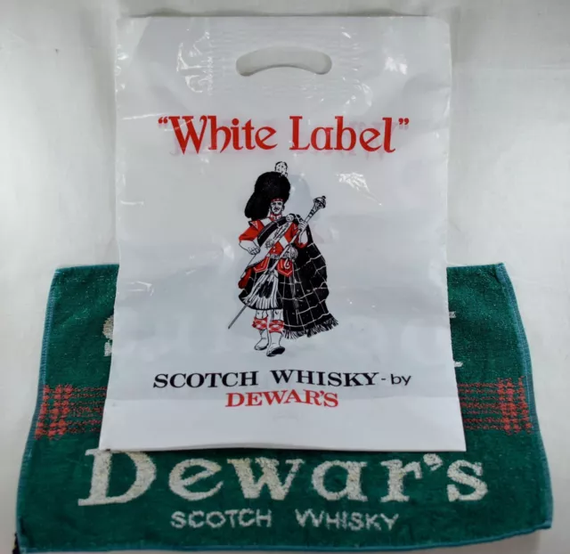 Vintage Dewars Scotch Whisky Bar Towel & White Label Highlander Carrier Bag