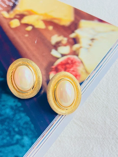 Christian Dior Vintage 1980s Large Oval White Pearl Retro Pierced, Earrings Gold