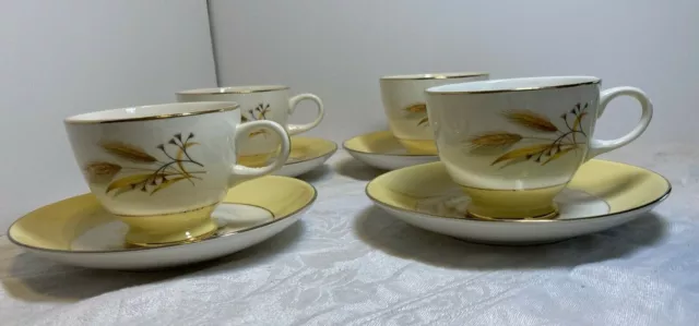 4-Sets Cups & Saucers- MCM Vtg Yellow-Brown Wheat Glass Autumn Gold-Century Serv