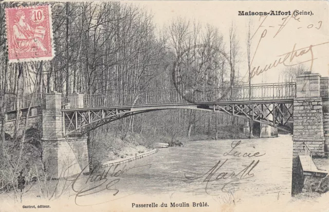 Antique postcard Tour de Marne MAISONS-ALFORT footbridge stamped 1903