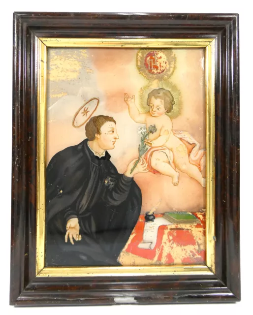 Sainte Antonius De Padoue Peinture derrière Verre 19 Jh