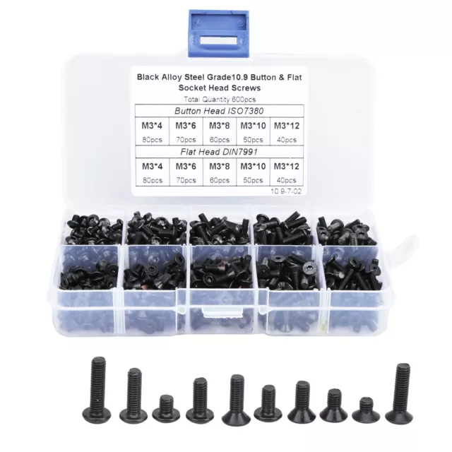 600Pcs Hex Socket Screw Set M3 Pan/Flat Head Hex Socket Screw Alloy Steel