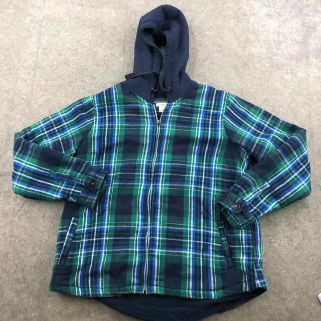 LL Bean Jacket Mens Large Green Blue Plaid Fleece Lined Hooded Full Zip