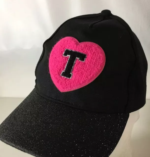 JUSTICE Girls Hat Cap Strapback Glitter Brim Pink Heart Patch Big T Black
