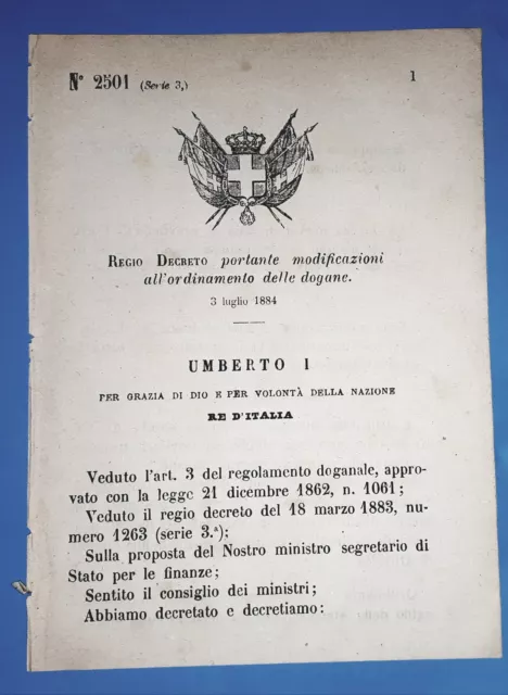 Decreto Regno Italia - Portante modificazioni all'ordinamento delle dogane 1884