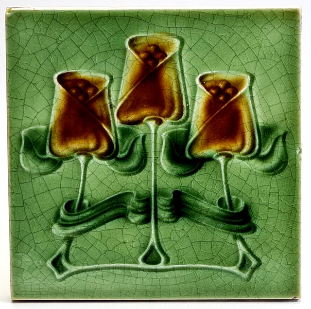 Antique Fireplace Tile Triple Tulips by T & R Boote Ltd C1906