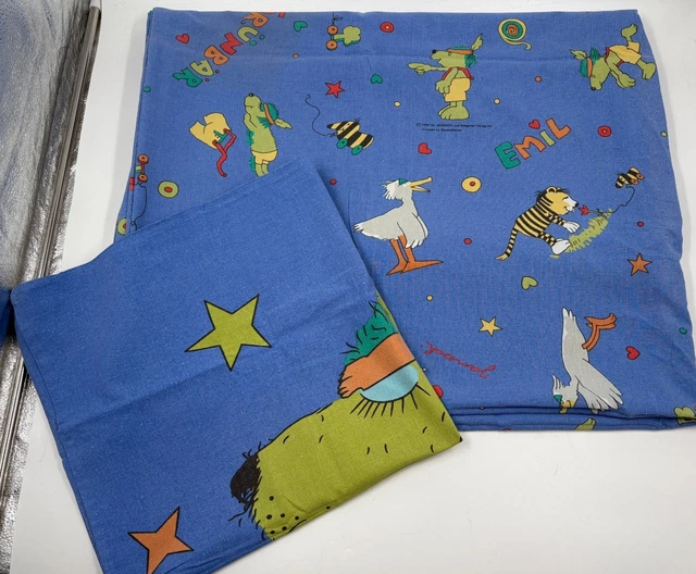 EMIL GRÜNBÄR JANOSCH Bettwäsche bedding Kinder 2-teilig blau bunt 1994 vintage EUR 22,90