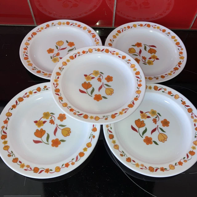 Lot De 5 Assiettes à Dessert Arcopal - Motif Fleurs Orange & Jaune - Diamètre 19 Cm - Occasion TBE