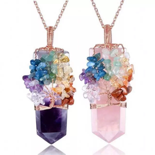 Natural Healing Crystal 7 Chakra Reiki Tree of Life Sword Stone Pendant Necklace