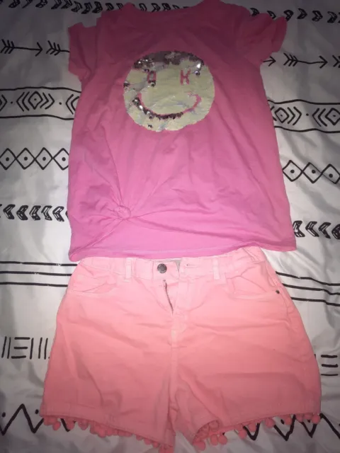 girls NEXT PRIMARK summer bundle age 11-12 coral shorts sequin pink t shirt VGC
