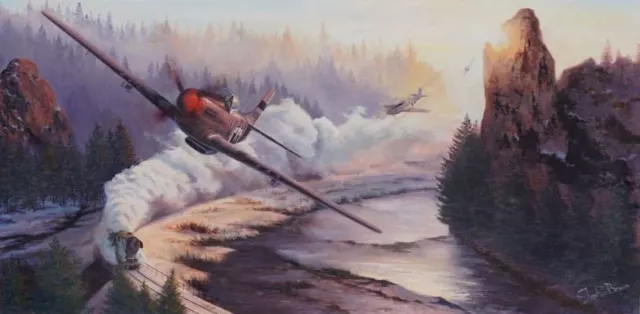 Huge Original Ww2 Military Aviation Painting Stephen Brown Wwii P-51 Mustang Art