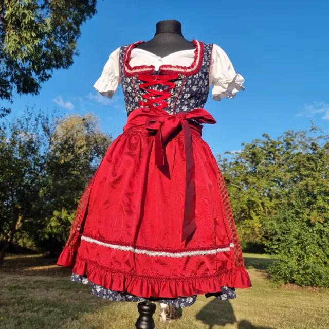 Abito dirndl bavarese tedesco-bavarese con corsetto gotico rosso e blu navy taglia 10-12