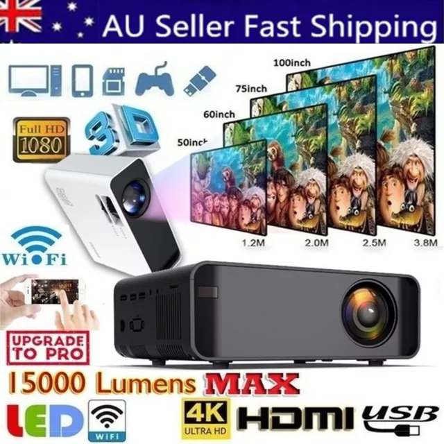 Projector 23000 Lumens 1080P 3D LED 4K Mini WiFi Video Home Theater Cinema HDMI