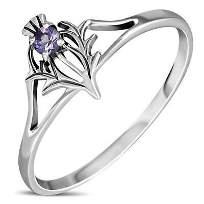 925 Sterling Silver Scotland Scottish Thistle Flower Ring Amethyst Size 4-11