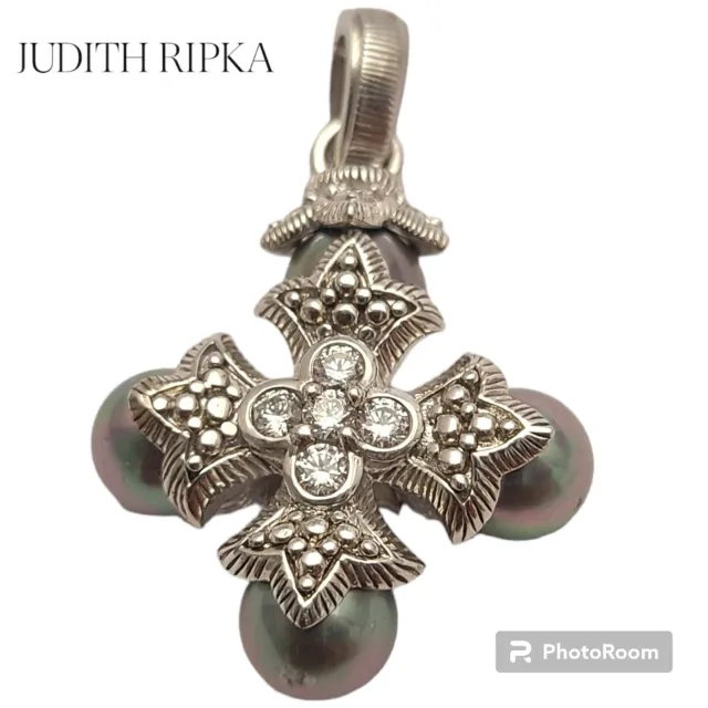 Vintage Judith Ripka Sterling  Silver CZ Pearl Maltese Cross Pendant