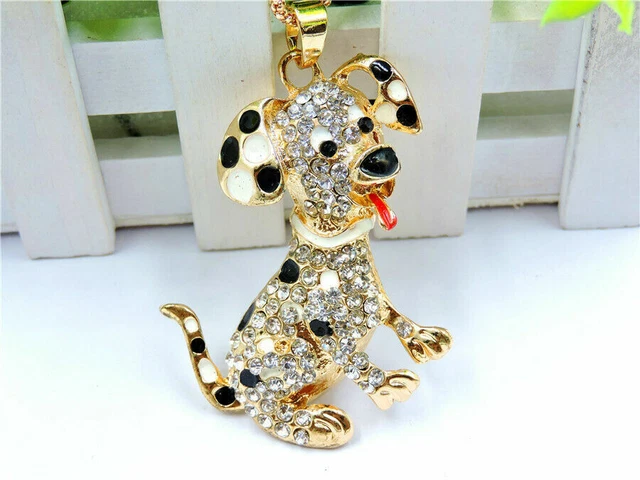 Betsey Johnson Crystal Enamel Spotted Dog & Puppy Pendant  Necklace