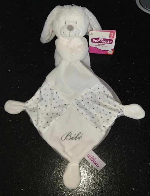 NEUF - Peluche Lapin Blanc Doudou Mouchoir pommette Intermarché bébé Gris pois