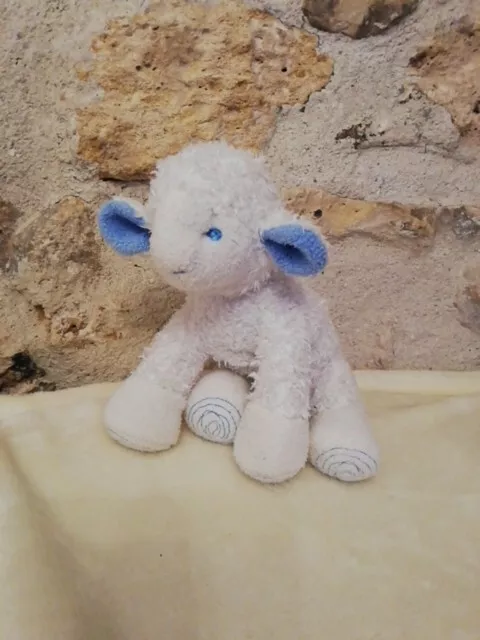 Doudou Peluche Avene Mouton Agneau Blanc Et Bleu