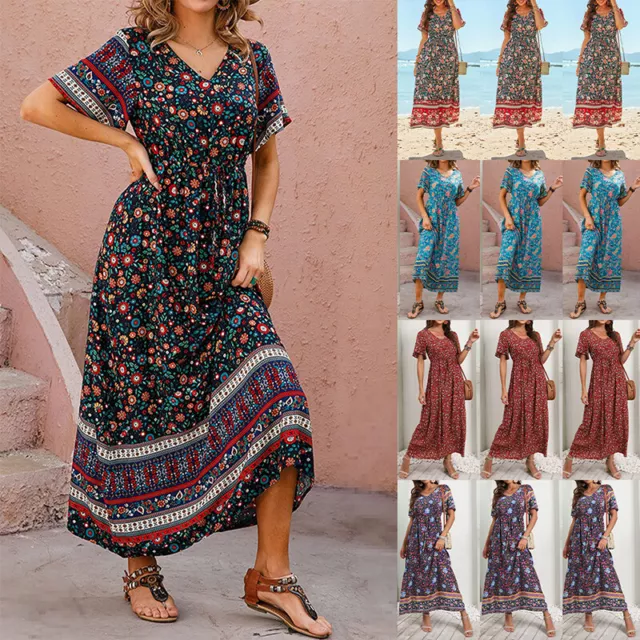 Robe Longue À Fleurs Style Boho Col En V Pour Femmes Vacances D'été Plage R